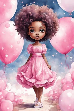 A watercolor fairytale style of a chibi cartoon wearing a pink maxi dress and white sandals. Prominent make up with hazel eyes. Highly detailed tight curl afro. Background of white and pink ballons everywhere.