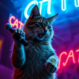 A CAT performing at dance club, his name CAT and looks crazy, looks very aggressive look, Neon lights and smog, Im a CAT SIGN ON WALL