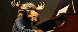 master oil painting by Rembrandt, laughing happy opera mozart moose with a wig, playing big big biggest piano