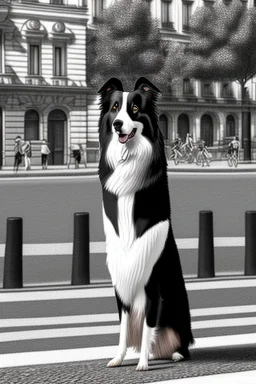 One single mature border collie, playing guitar in the street , Vienna, friendly, sunny day, model style, hyper realistic, extremely accurate, delicate, extremely detailed, Graphic novel style, wide-angle, open aperture, superfine pencil