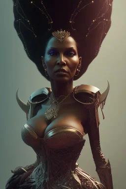 Pam Grier as evil queen in black leather, leather, busty, cleavage, angry, stern look. character design by cory loftis, fenghua zhong, ryohei hase, ismail inceoglu and ruan jia. unreal engine 5, artistic lighting, highly detailed, photorealistic, fantasy.