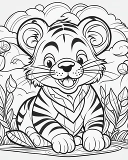 create a 2d black outline, "safari smiling cartoon baby tiger coloring book for toddlers", coloring page, low details design, black contour, coloring page design, simple background, colorful , card style, coloring page for kids, white background, sketch style, safari landscape, cartoon style