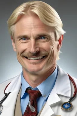 Mid-thirties, Caucasian male doctor, kind smile, blonde hair (slightly disheveled) thick blonde mustache, pale blue eyes, broad shoulders, muscular, six foot, Hawaiian shirt under white lab coat (with blood stains around the edges) , Strong Jaw line, encroaching shadowy tendrils,stethoscope draped around neck, photo realistic