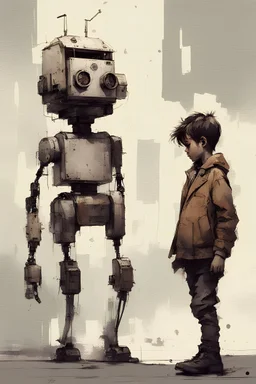 boy & humaniform robots, factory, cyberpunk, dystopia, by Florian Nicolle