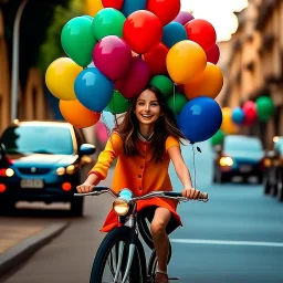 Girl riding a bike holding a bunch of colorful balloons