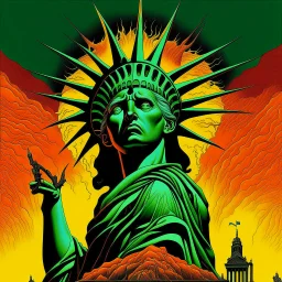 Statue of Liberty with burning jack-o-lantern head, neo surrealism, by Gerald Scarfe, by Igor Morski, fantastical detailed 3D artwork, trippy, deep color, complementary colors, trending on DeviantArt.