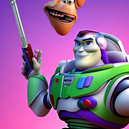 Buzz lightyear holding Woody's decapitated head in his hand