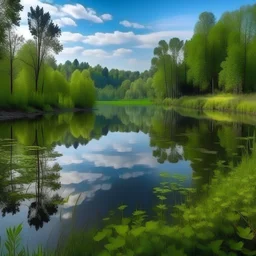 Paisaje con un lago y mucha vegetacion q se refleja en el lago. Un cielo celeste dia soledo y montañas de fondo