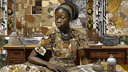 Njideka Akunyili Crosby Sala doméstica híbrida con collage de fotos transferidas, patrones nigerianos y escenas íntimas familiares en tonos ricos y texturas mixtas.