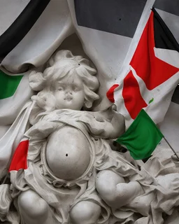 Escultura de muchos niños muertos por una bomba, bandera de palestina,en marmol blanco calidad ultra, hiperdetallado, obra de arte, 8k 3D