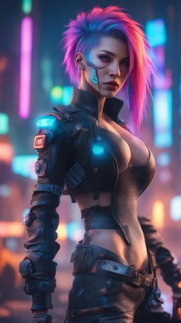 (Photorealistic:1.4) image of a cyber punk girl, (top-quality, 8K, 32K, masterpiece), (dynamic pose), ((facing camera)), (looking at camera), cowboy shot, shapeless hair, colorful hair, colorful cyberpunk clothing, depth of field f/1.8, cyberpunk city background, cinematic lighting.