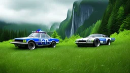 A police Tesla Cybertruck is chasing a Tesla 'Model S Plaid' at top speed, across the 'Jurassic Park' island. CINEMATIC. WIDE ANGLE LENS.