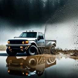 hyperrealistic shot, muddy fast moving 4x4 truck, monotone color palette, sharp focus, puddle reflec1tion, tire mud splashes, refraction, mist on the horizon, thunder and lightning, overcast shadow, detailed and intricate, cinematic composition, 8k, micro, tilt shift photography, bokeh