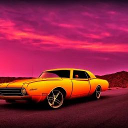 art deco, cyberpunk, neon muscle car, desert road, sunset, full colour, hd,