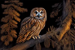 Brown Tawny Owl, pine tree, forest, autumn, dark night highly detailed intricate intricate details high definition crisp quality beautiful lighting pencil sketch watercolor dramatic lighting Deep shadows Warm colors warm light