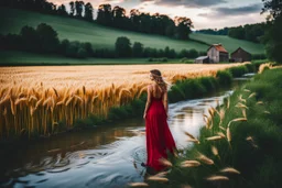 wide angle shot of golden wheat field next to river ,a watermill on river, a beautiful girl in pretty long dress walking in