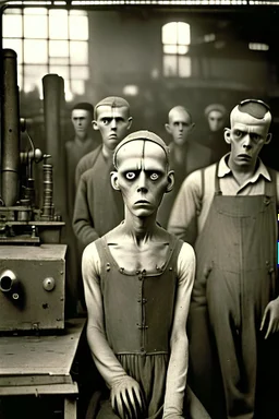 1900's black and white vintage photo, interior, working ((alien))::10 organ manufacturing factory steampunk warehouse, unhappy and angry,stange long grey alien human hybrid creature with a family that is super sad and are full of crazy anxiety, captured on square format film, grainy brown, aged, young men, depressed, tired, in their buzzcut era