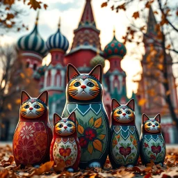 create richly detailed Russian Matryoshka cats in vibrant hues, decorated with intricate patterns, positioned by size in front of Saint Basil’s Cathedral, surrounded by falling autumn leaves, glowing sky, cinematic warm tones, ultra-realistic 8K --v 7