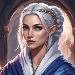 dungeons & dragons; video game; portrait; female; sorceress; dark blue eyes; silver hair; braided bun; young; mage robes; long veil; confident; flowing robes; greek style robes; teenager; magic halo background; pretty; half-elf; cute; blush