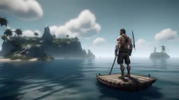 A survivor man on sea shore of an Island on a raft, graphics quality unreal engine