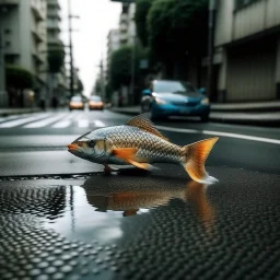 a fish is swimming on the street