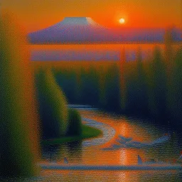 Seurat Painting of Raging River at sunrise in alaska