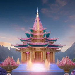 jolie petit temple hindou, lac turquoise, ciel rose et bleu, lumière, fleurs délicates, ambiance très réelle, 8k, Cinematic lighting. Photorealistic. Dynamic lighting. Imperial colors.