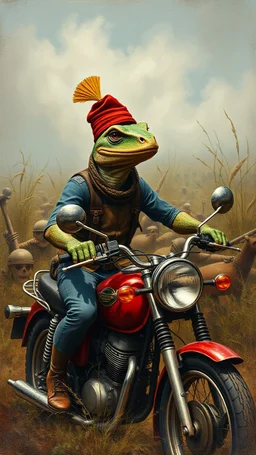 A man with a Lizard face wearing a Fez hat on a motorbike, in a forgotten battlefield overrun by vegetation, cutesy tiktok detailed oil painting, grainy, old style