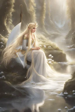 Elven princess,elven crown,long white blonde golden hair,rapunzel hair,ice flowers,beautiful,light blue,dark blue,golden armor,sparkle,glitter,ice flowers,snow,elven ears,dark fairy princess