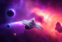 flying through a galaxy, nebula, purple and orange color scheme, high key lighting, volumetric light high details psychedelic background