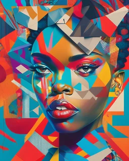 A bold, vibrant portrait of a captivating character, with exaggerated features and striking colors that demand attention. The subject's expression is enigmatic and engaging, while the background consists of a collage of contrasting patterns and shapes, creating a dynamic and visually arresting image.