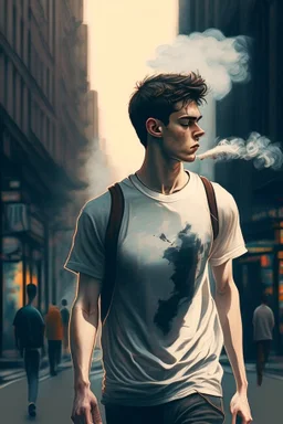 A 25-year-old boy in a men's sports tee is walking in the city, thinking with his head down, smoking a cigarette, and possessing the power of a god