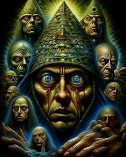 Illuminati is the machine. Faces. Scared man. Group of eyes. Brutalist framework building. People from the deep. H r. Giger machines. Modifiers: Award winning photography oil on canvas dynamic lighting imperial colors quilling Marc Chagall Boris Vallejo Beksiński Stained Glass Horror themed By Dan Witz Stephen Gammell Rosina Wachtmeister Alfred Henry Maurer Inspired by Hope Gangloff oil on canvas