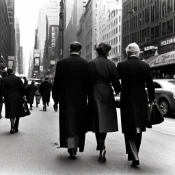 People in 1950 walking on a street in New York, black and white