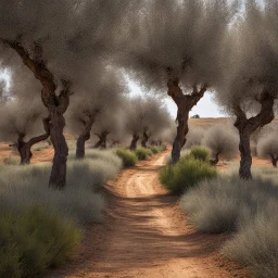 Pirkliy plants alongside a dirt road with olive trees