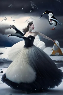 A human princess in a ball gown, dancing with a penguin, while in Antarctica while it storms in the background