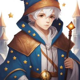 Fantasy World, A boy only wearing a closed wizards robe, and wearing a wizards hat. White Hair. Eyes That Looks Like a Clock.