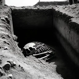 Footage appears as if captured with an ancient 19th-century camera, complete with flickering exposure, uneven frame rate, and grainy, black-and-white texture. The scene shows a dusty archaeological site where Victorian-era explorers have uncovered a fossilized skeleton of a giant humanoid. A dusty 19th-century archaeological excavation site in England, where Victorian-era explorers have uncovered the fossilized skeleton of a giant humanoid. The partially unearthed bones lie in a large trench