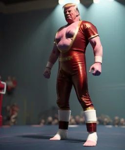 Wrestler Donald trump, wrestling, sweat, blood, red breeches, suspenders, retro style, 80s, hot ambient, photo studio, vibrant color, gradient, highly detailed, art stations, concept art, smooth, unreal engine 5, god rays, ray tracing, RTX, lumen lighting, ultra detail, volumetric lighting, 3d, finely drawn, high definition, high resolution.