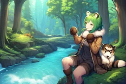 Girl, green hair, raccoon tail, raccoon paws in hand, raccoon paws in foot, forest, river, sit on tree, coat on neck, with tongue out,