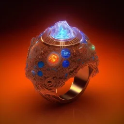 Ring made by wood roots and shreds of glass, orange diamonds sparkles, red rubi fragments around, blue lights reflexes, complex structure, gold details, intricate ring pattern,Unreal Engine 5, macro lens,sharp focus, realistic, hyper detailed, studio lighting, neon light ambient, cinematic