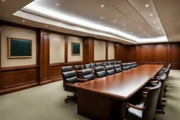 An empty conference room; wooden panelling; leather chairs; long mahagony table;