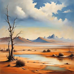 clouds, arid land, distant mountains, dry trees, pond, impressionism painting, Yves Tanguy
