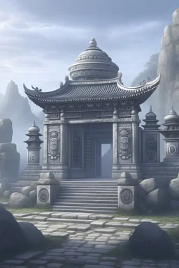 Stone temple structure with spherical theme. Big details. European. No hard shapes. Carved in mountain, big gate leading into mountain. Style: nintendo, concept art. Mood: foggy, desaturated
