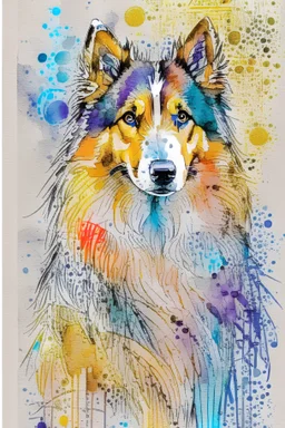 Abstract wet watercolour of a rough collie, ink lines, interlinked circles,detailed focus on eyes