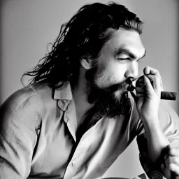 Jason Momoa smoking a cigar in 1955, dramatic light, high detail, cinematic