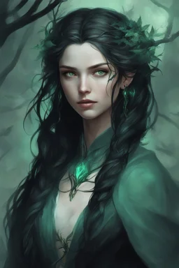 Young beautiful female Hexblood Warlock, long dark brown-black hair styled in elegant half-braids, glowing pale emerald-green eyes, delicate facial features. Thin twisted black thorn-like branches grow naturally from one side of her head, weaving seamlessly through her hair like an eerie crown, with tiny dark leaves and vine-like roots blending into her scalp. Faint dark vine markings trail along her neck and collarbone. Dark fantasy, realistic, cinematic, highly detailed.
