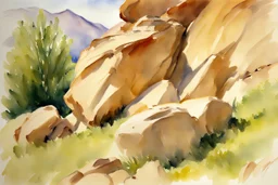 Sunny day, spring, rocks, mountains, epic, john singer sargent watercolor paintings