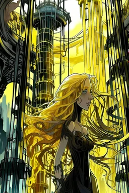 bizarre surreal arafed art, (((heavily stylized Rapunzel))) inside an urban vector tower made of glass columns and dark perpendiculars, (((no facial details))), black revert facial silhouette, demonic yellow slit eyes, fuzzy interlocking untamed hair, long glowing blonde hair like a golden waterfall sweeping into a massive vertical pillar, deconstruct aesthetic, spindle shock, elegant Art Nouveau features with Klimt gold leaf textures, warm yellow orange beige and amber light reflections, abstra