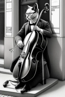 One single mature cat playing contrabass on the street, Vienna, thoughtful, mourning, model style, hyper realistic, extremely accurate, delicate, extremely detailed, Graphic novel style, wide-angle, open aperture, superfine pencil